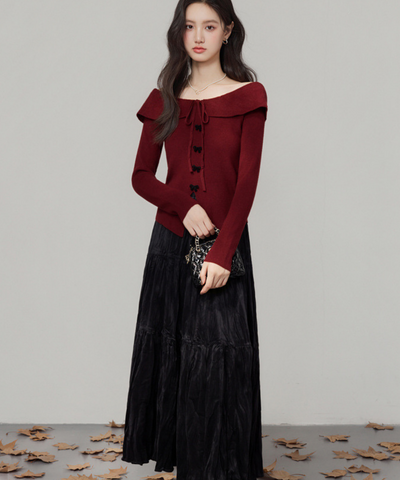 オフショルダーリボントップス＋ティアードスカート 2点セット