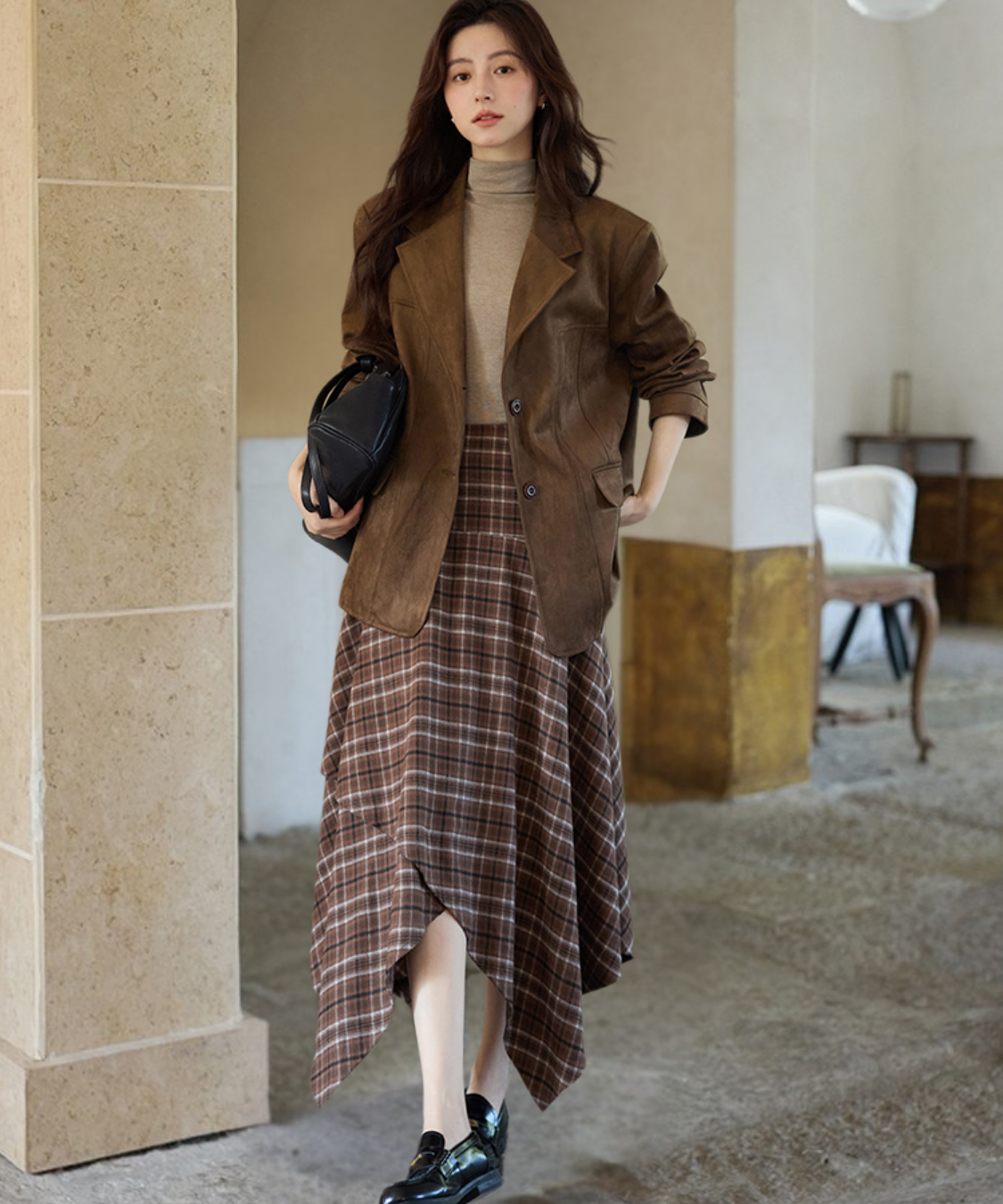 チェック柄イレヘムロングスカート