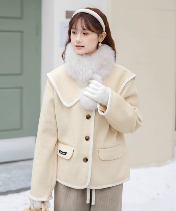 ノーカラーコート パイピングショートコート