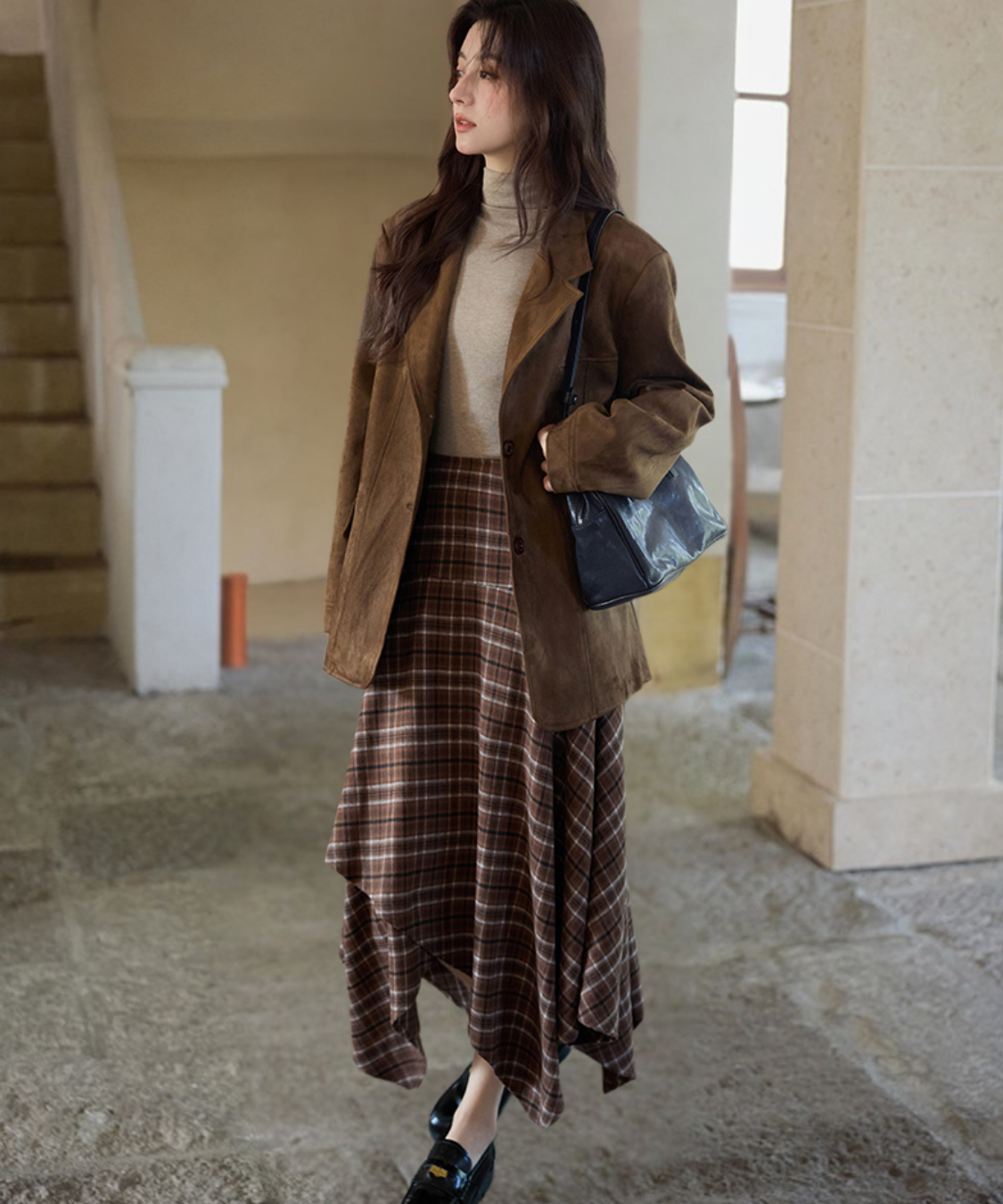 チェック柄イレヘムロングスカート