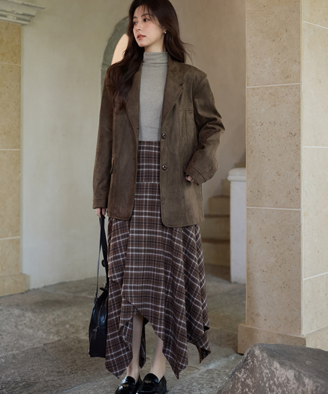 チェック柄イレヘムロングスカート