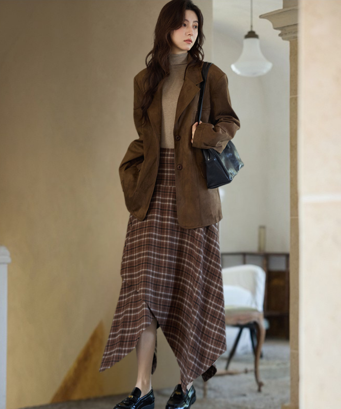 チェック柄イレヘムロングスカート