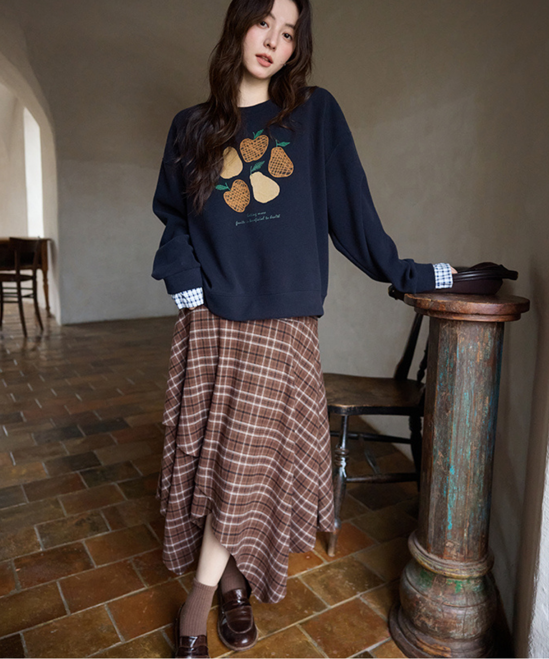 チェック柄イレヘムロングスカート