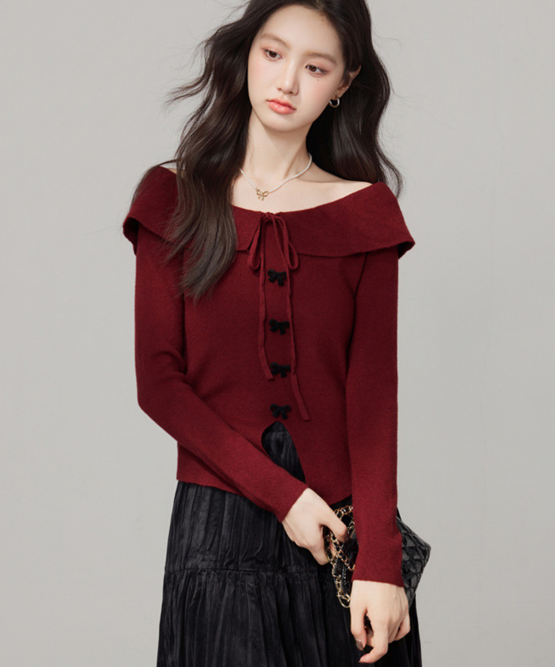 オフショルダーリボントップス＋ティアードスカート 2点セット