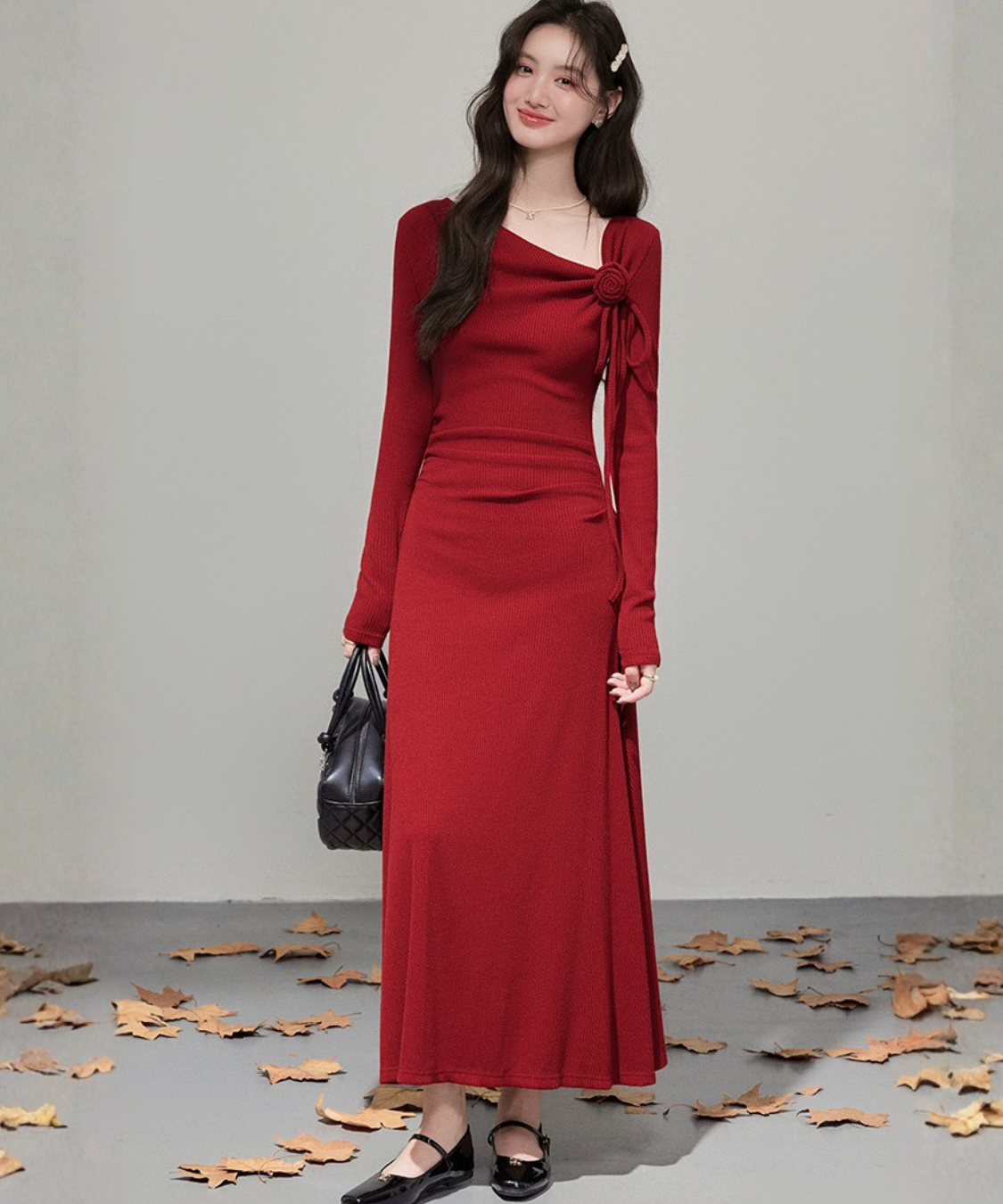 フラワーモチーフリボンリブニットワンピース