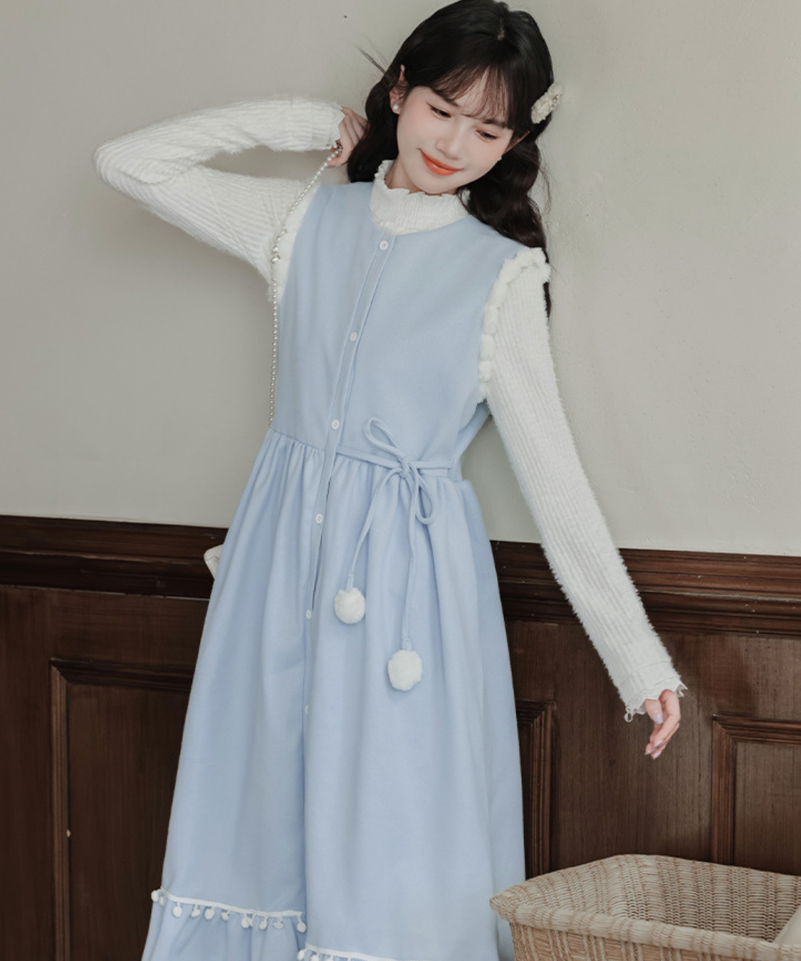 ポンポンリボンワンピース＋リブフリルニット 2点セット