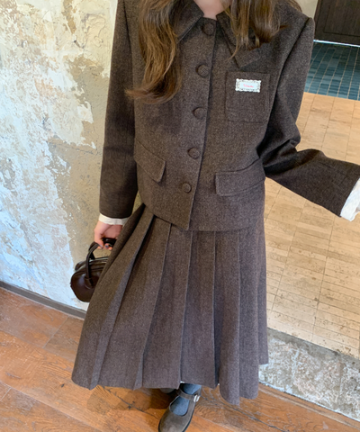 レースレイヤード袖ジャケット＋ボックスプリーツスカート 2点セット