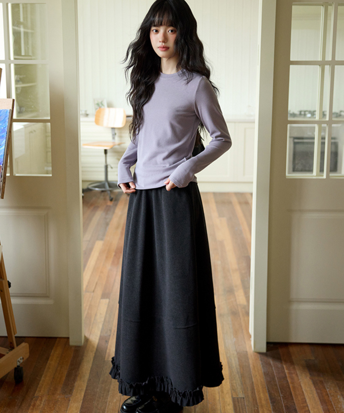裾フリル切替ロングスカート