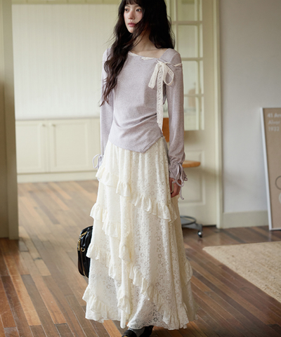 斜めフリルティアードレーススカート