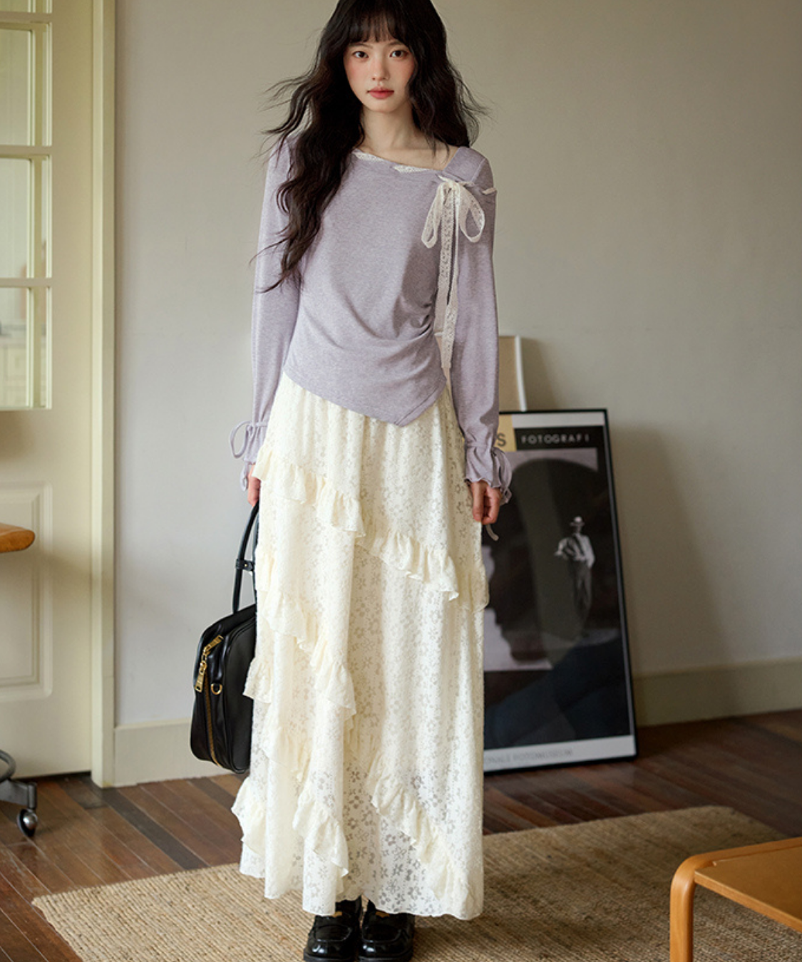 斜めフリルティアードレーススカート