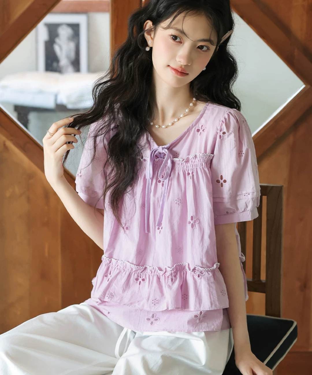 【5月7日迄の短期出品】45R ツタフラワープリントのフリルブラウス　45rpm フラワーカットワークダブルフリルブラウス – jemiremi（ジェミレミ）
