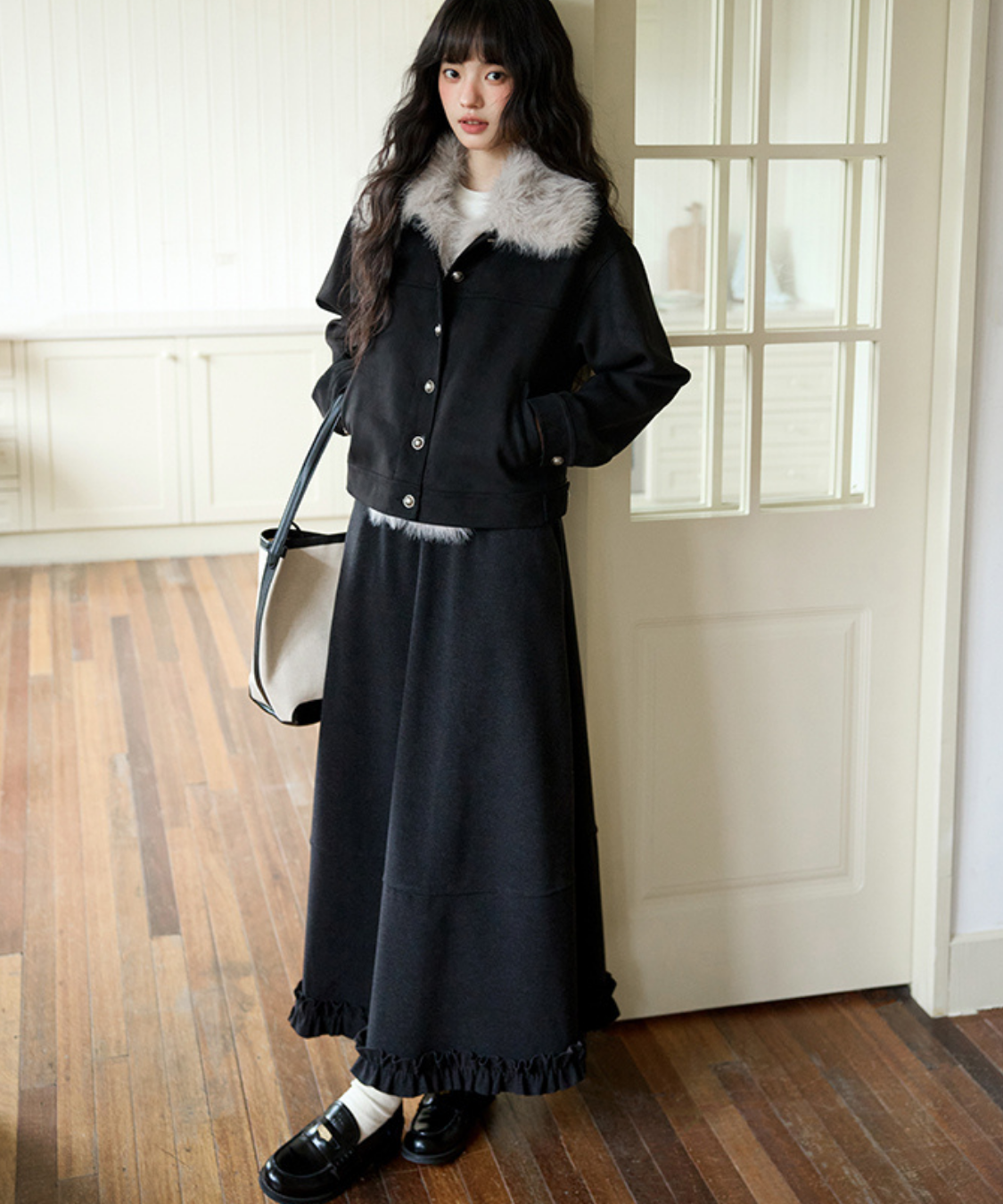 裾フリル切替ロングスカート