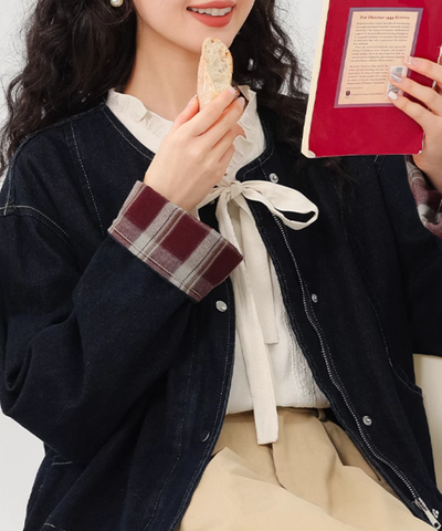 ノーカラーステッチデニムジャケット