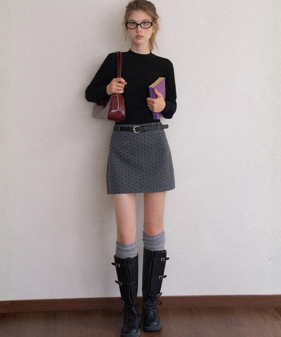 ベルト付きドット柄ミニスカート