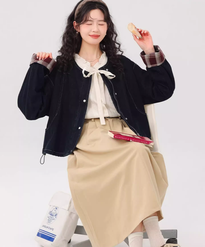 ノーカラーステッチデニムジャケット