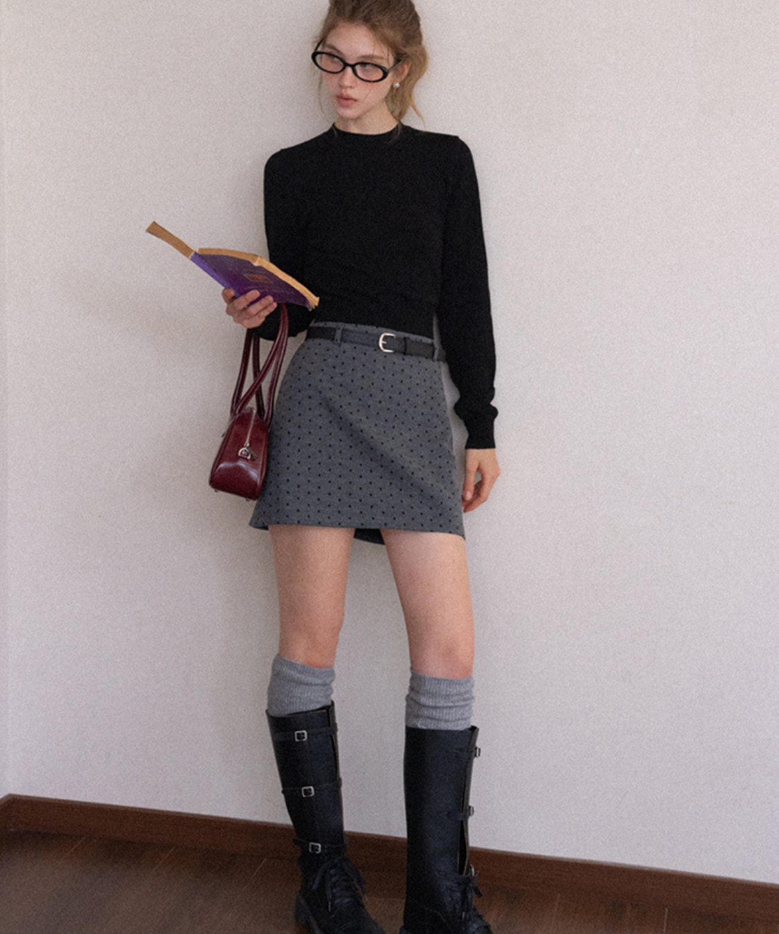 ベルト付きドット柄ミニスカート