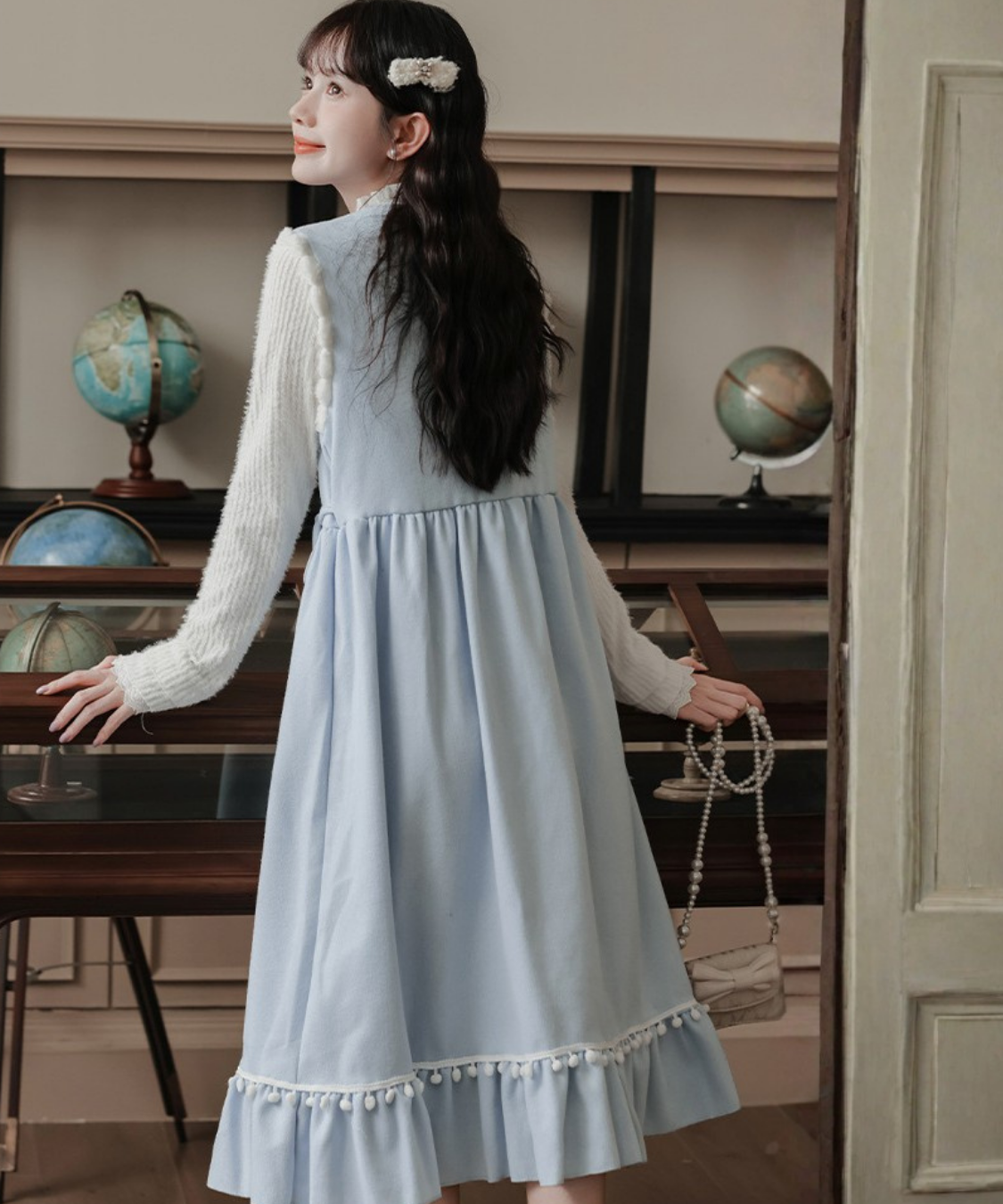 ポンポンリボンワンピース＋リブフリルニット 2点セット