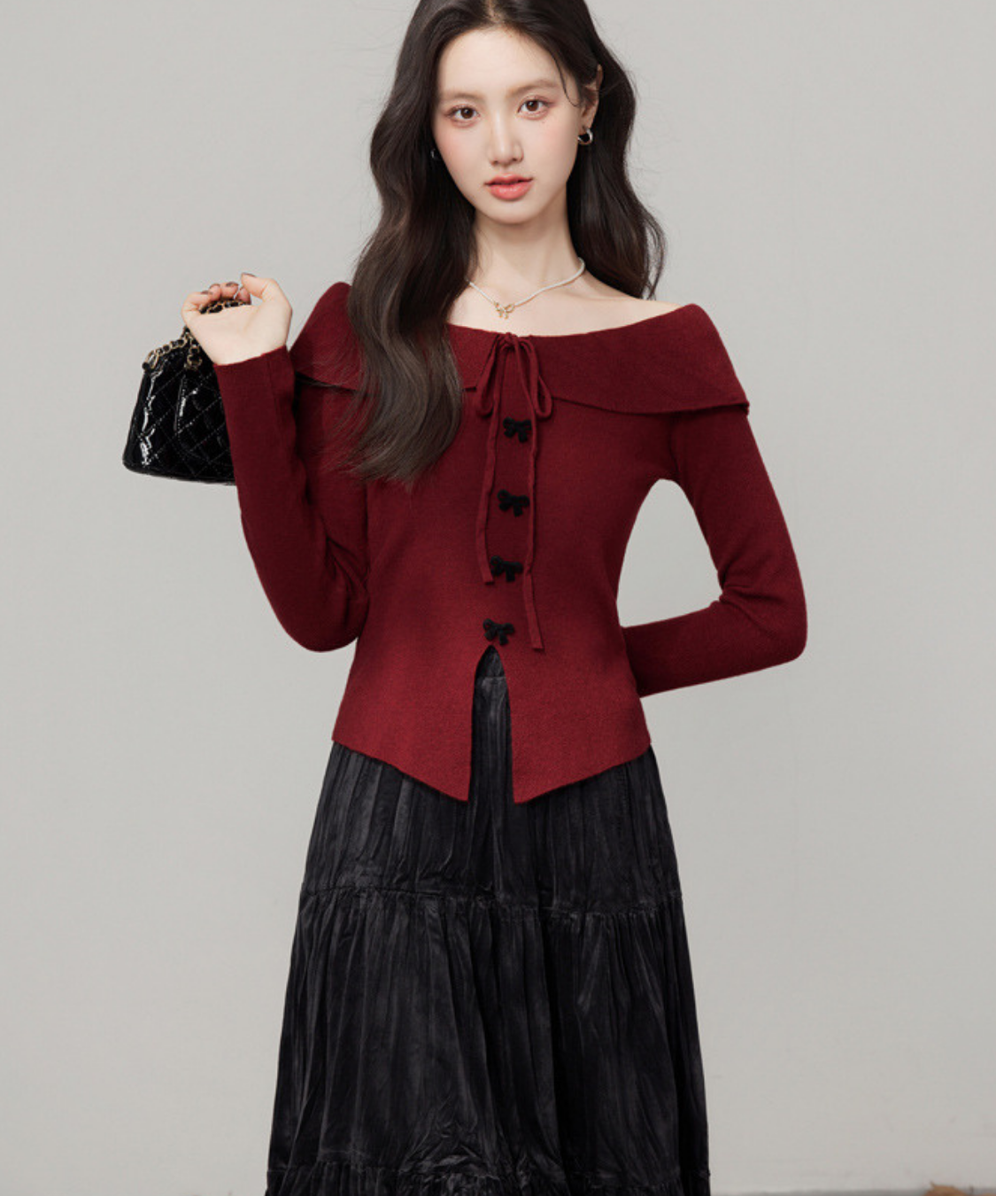 オフショルダーリボントップス＋ティアードスカート 2点セット