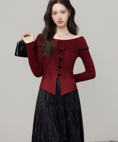 オフショルダーリボントップス＋ティアードスカート 2点セット