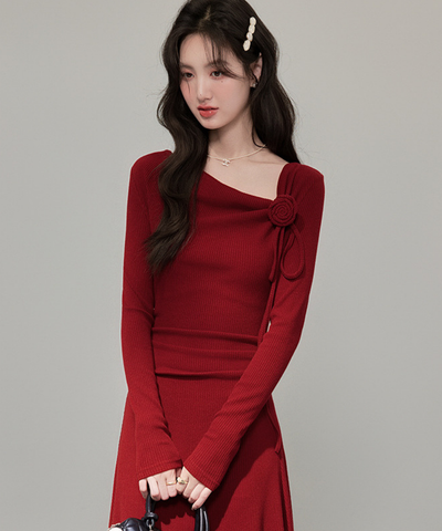 フラワーモチーフリボンリブニットワンピース