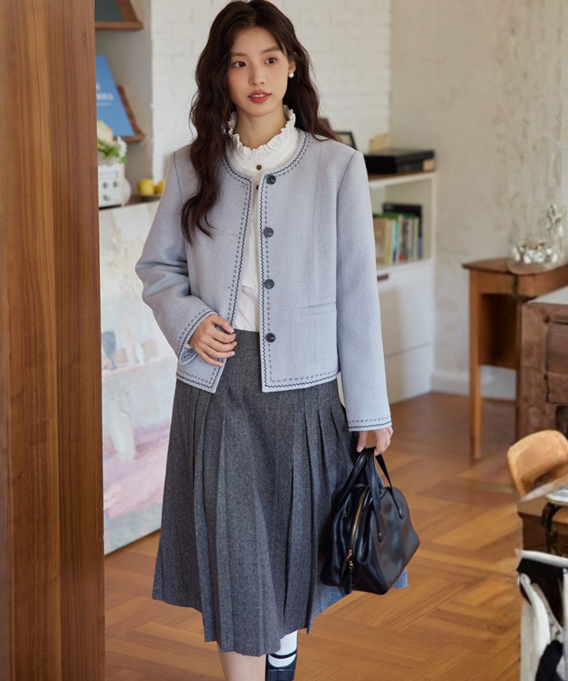 サイドボタンディテールラップ風プリーツスカート