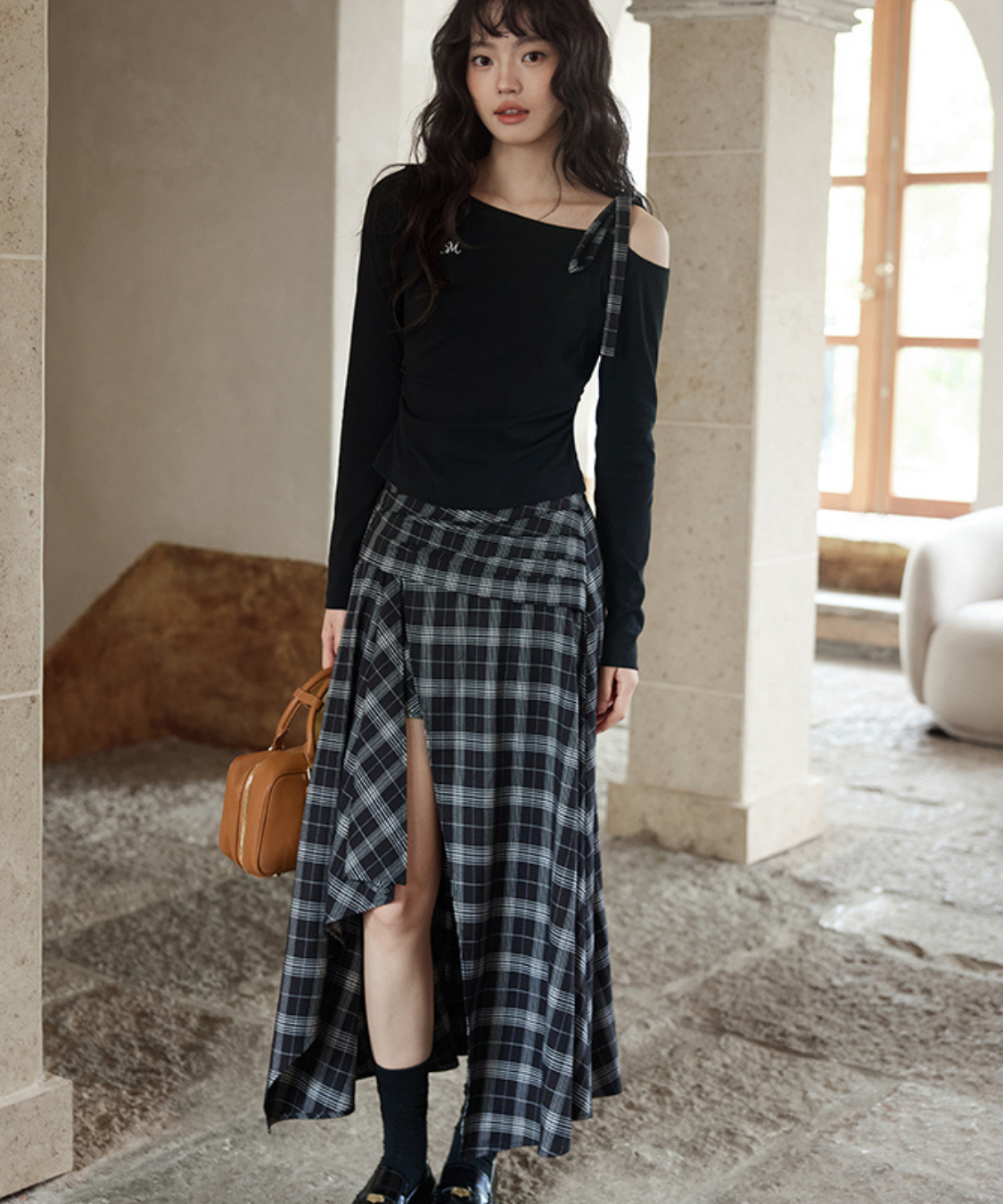 チェック柄アシンメトリーフロントスリットスカート – jemiremi