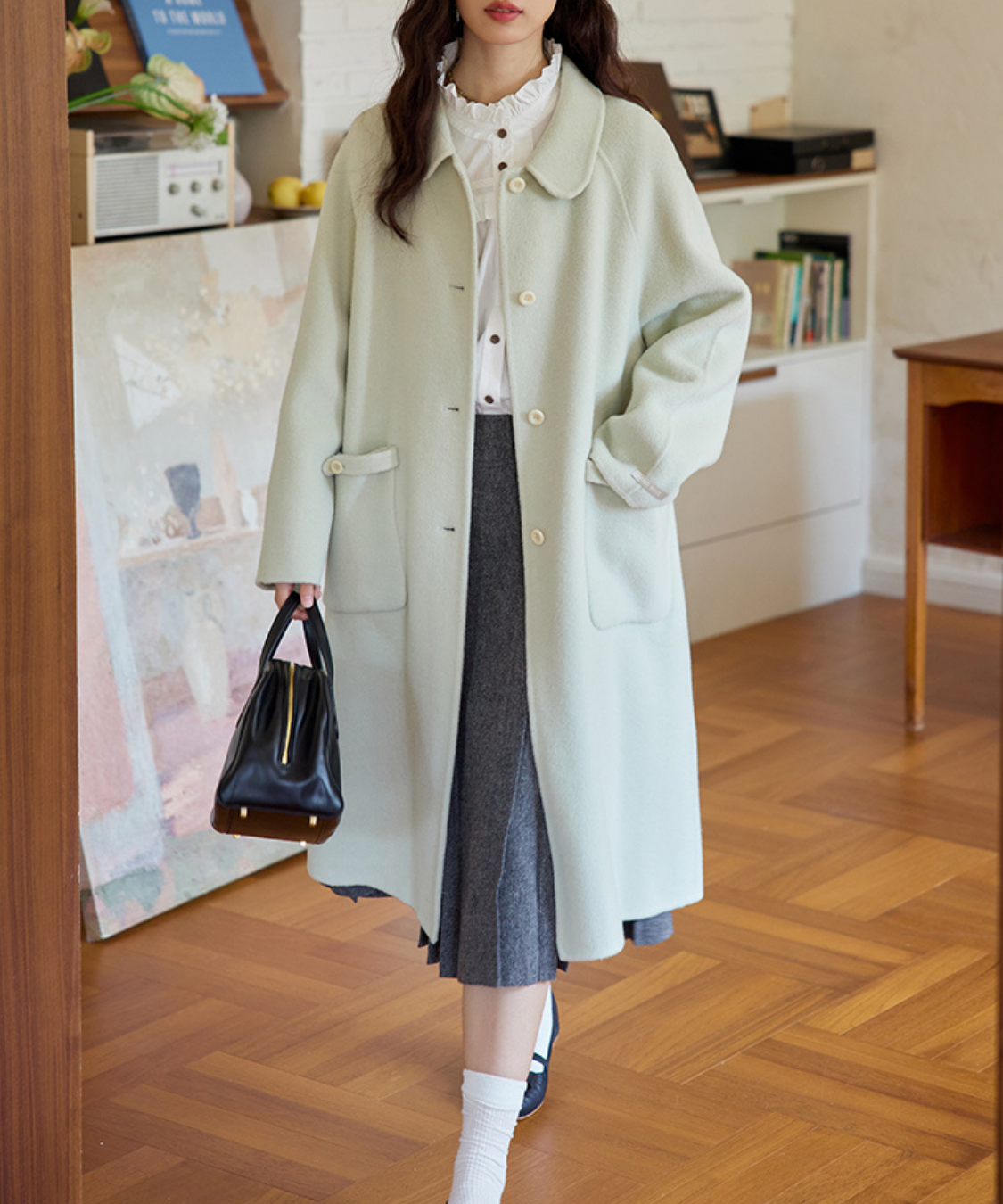 サイドボタンディテールラップ風プリーツスカート