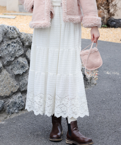 ティアード切り替えスカラップレースロングスカート