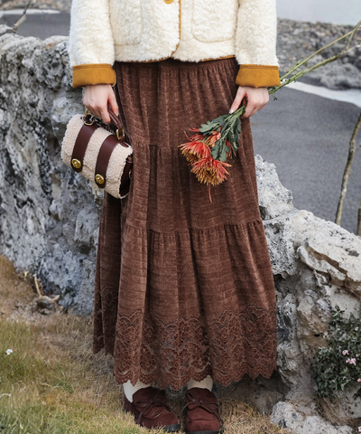 ティアード切り替えスカラップレースロングスカート