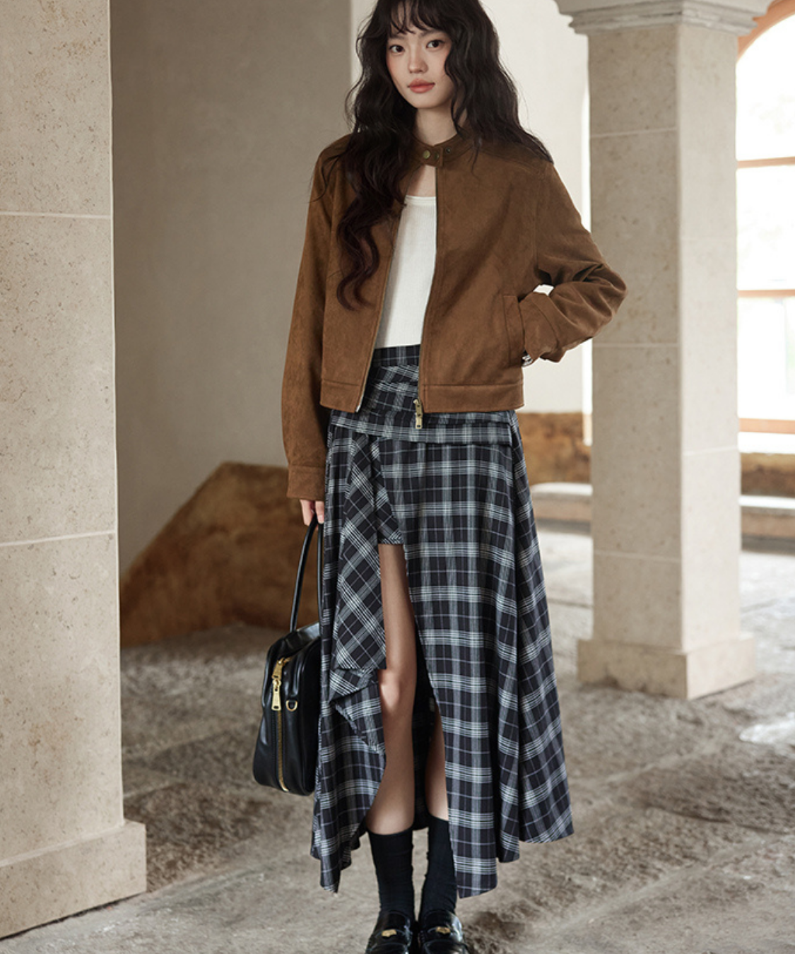 チェック柄アシンメトリーフロントスリットスカート – jemiremi