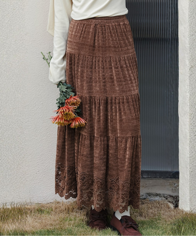 ティアード切り替えスカラップレースロングスカート