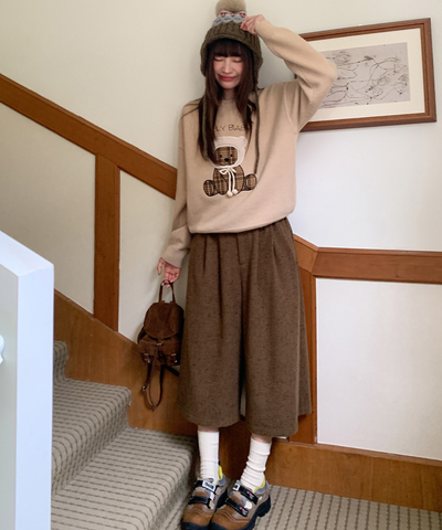 ツイード風ミドル丈ワイドパンツ
