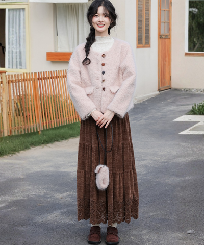 ティアード切り替えスカラップレースロングスカート