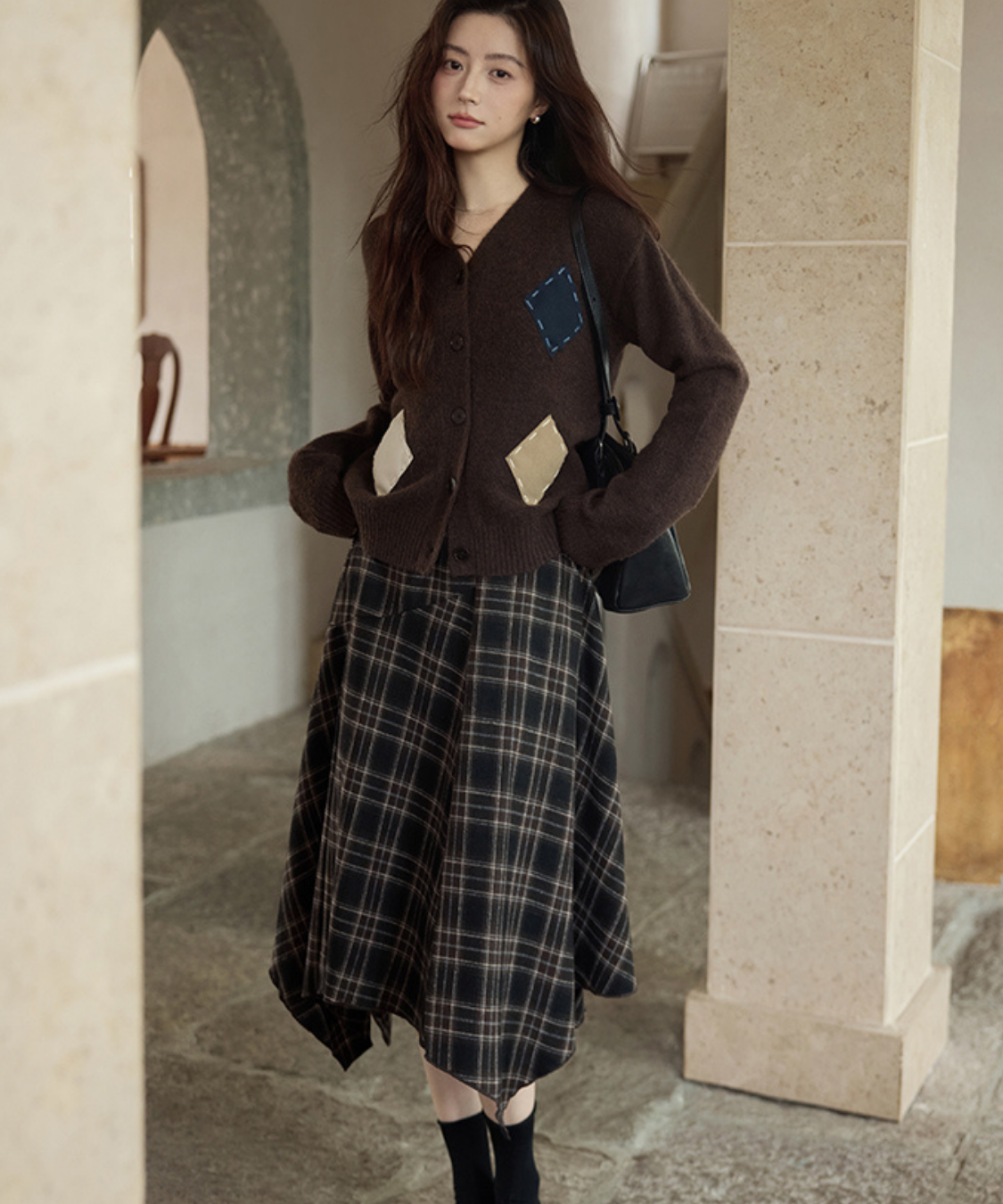 チェック柄アシンメトリーフレアスカート