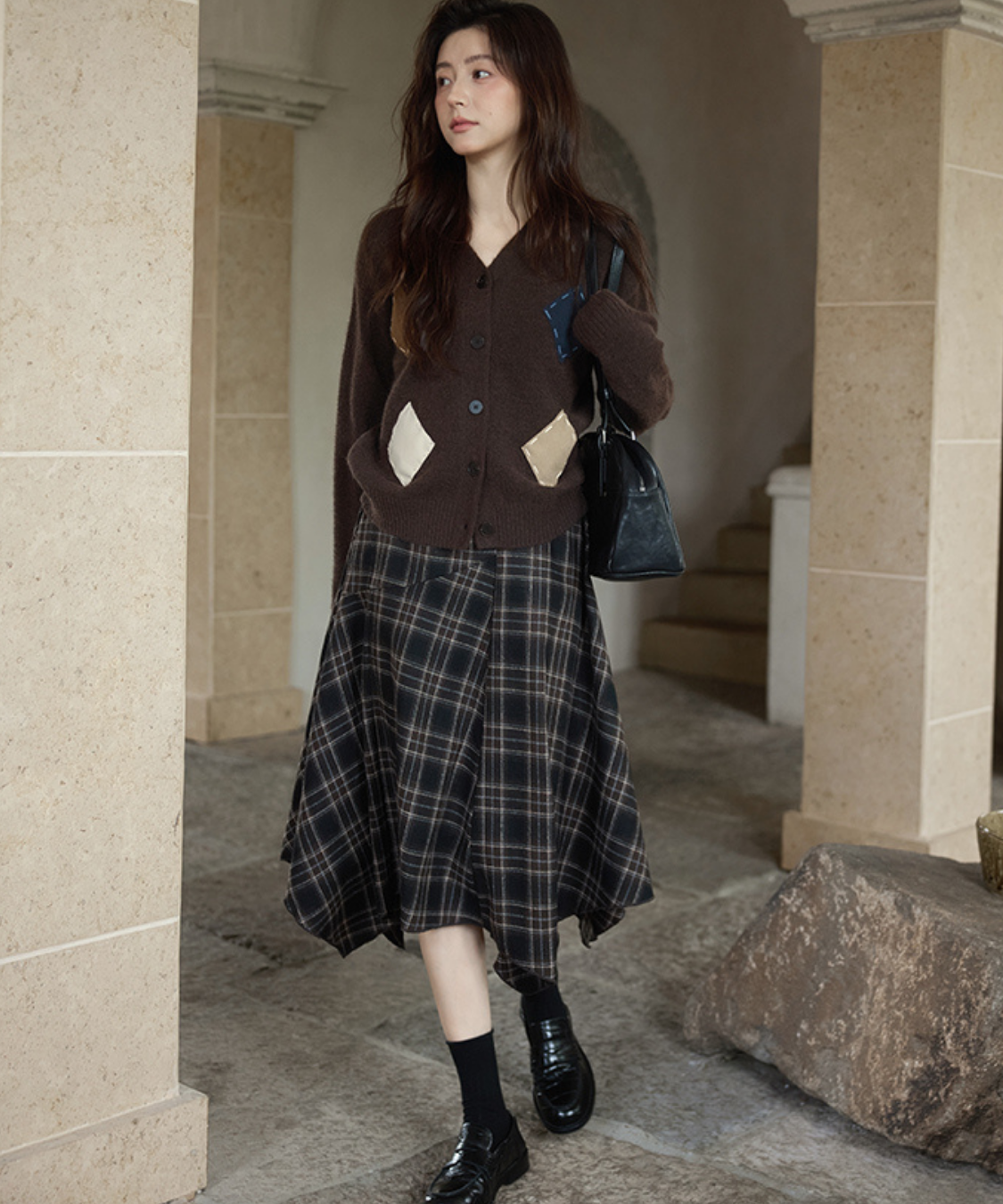 チェック柄アシンメトリーフレアスカート