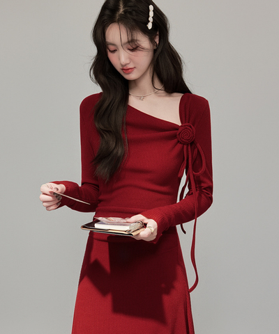 フラワーモチーフリボンリブニットワンピース