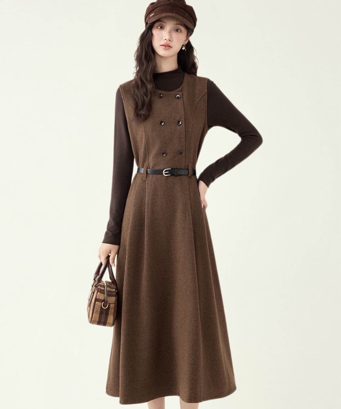 ゆみたん品 ダブルボタンウール調ジャンパースカート＋リブトップス 2点セット