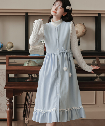 ポンポンリボンワンピース＋リブフリルニット 2点セット