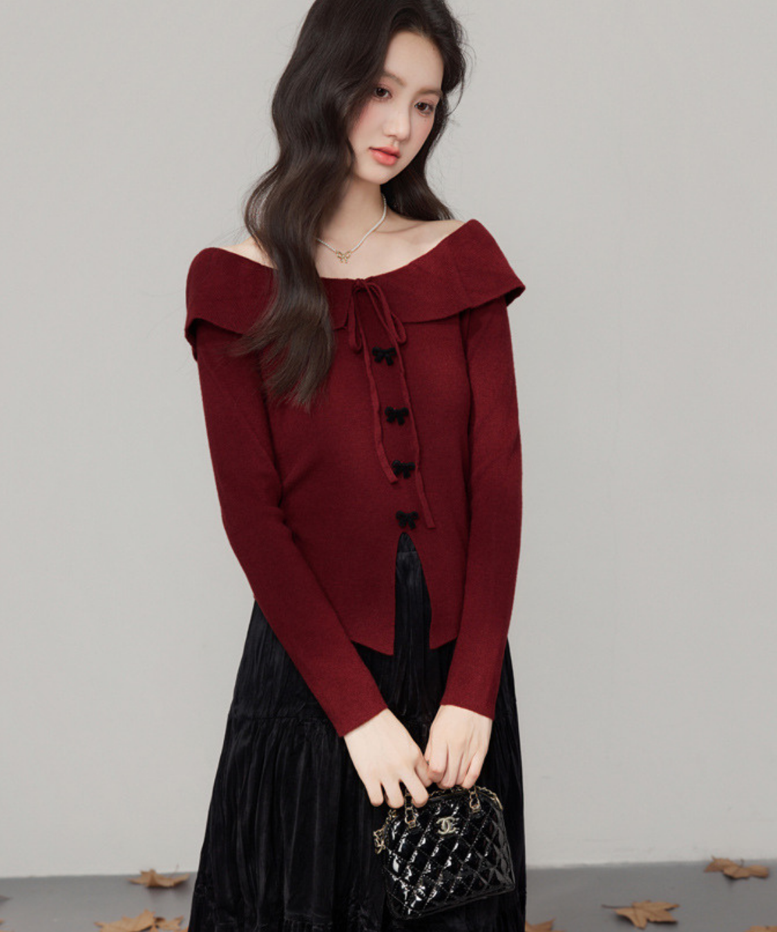 オフショルダーリボントップス＋ティアードスカート 2点セット