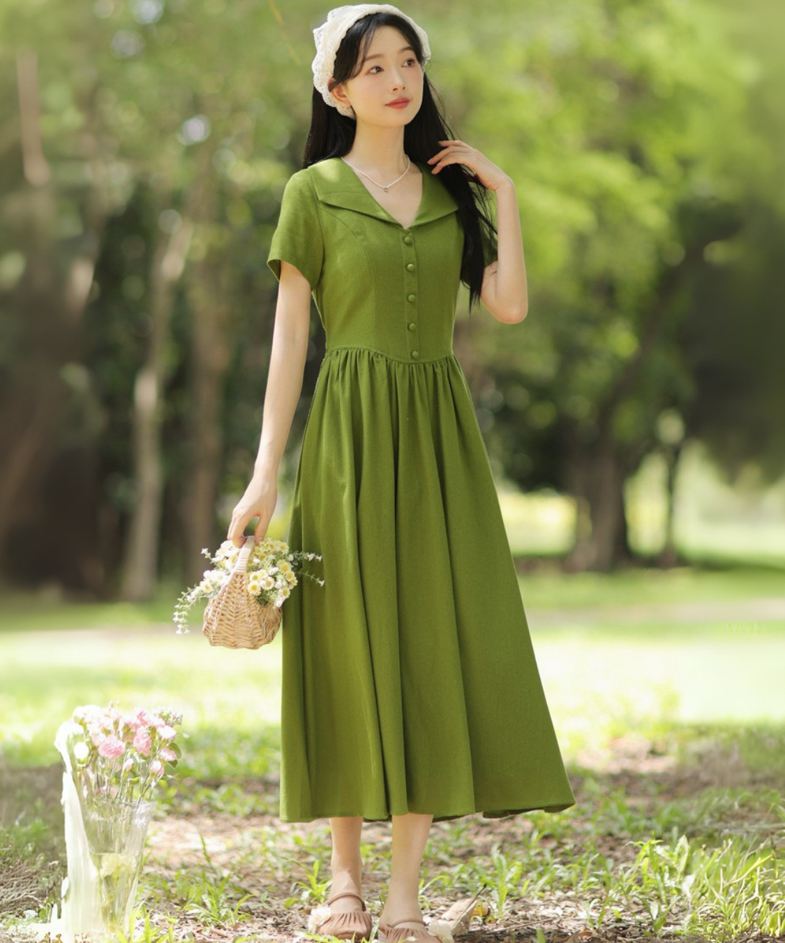 フロントボタン付きクスエアカラーワンピース