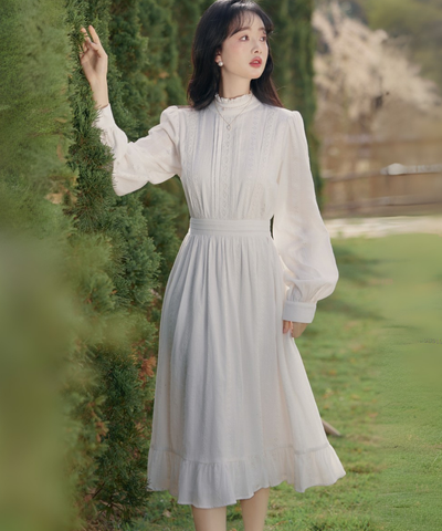 フリルハイネックピンタックレースワンピース