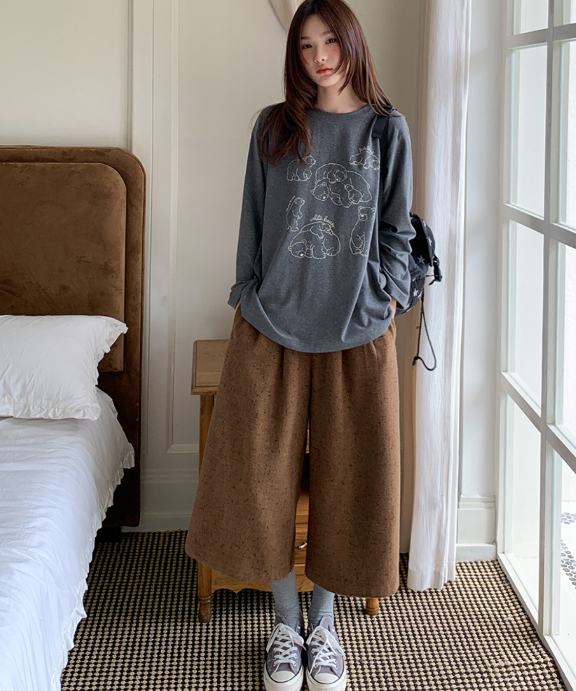 ツイード風ミドル丈ワイドパンツ