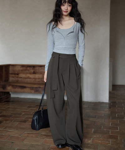 タック入りサイドリボンデザインパンツ