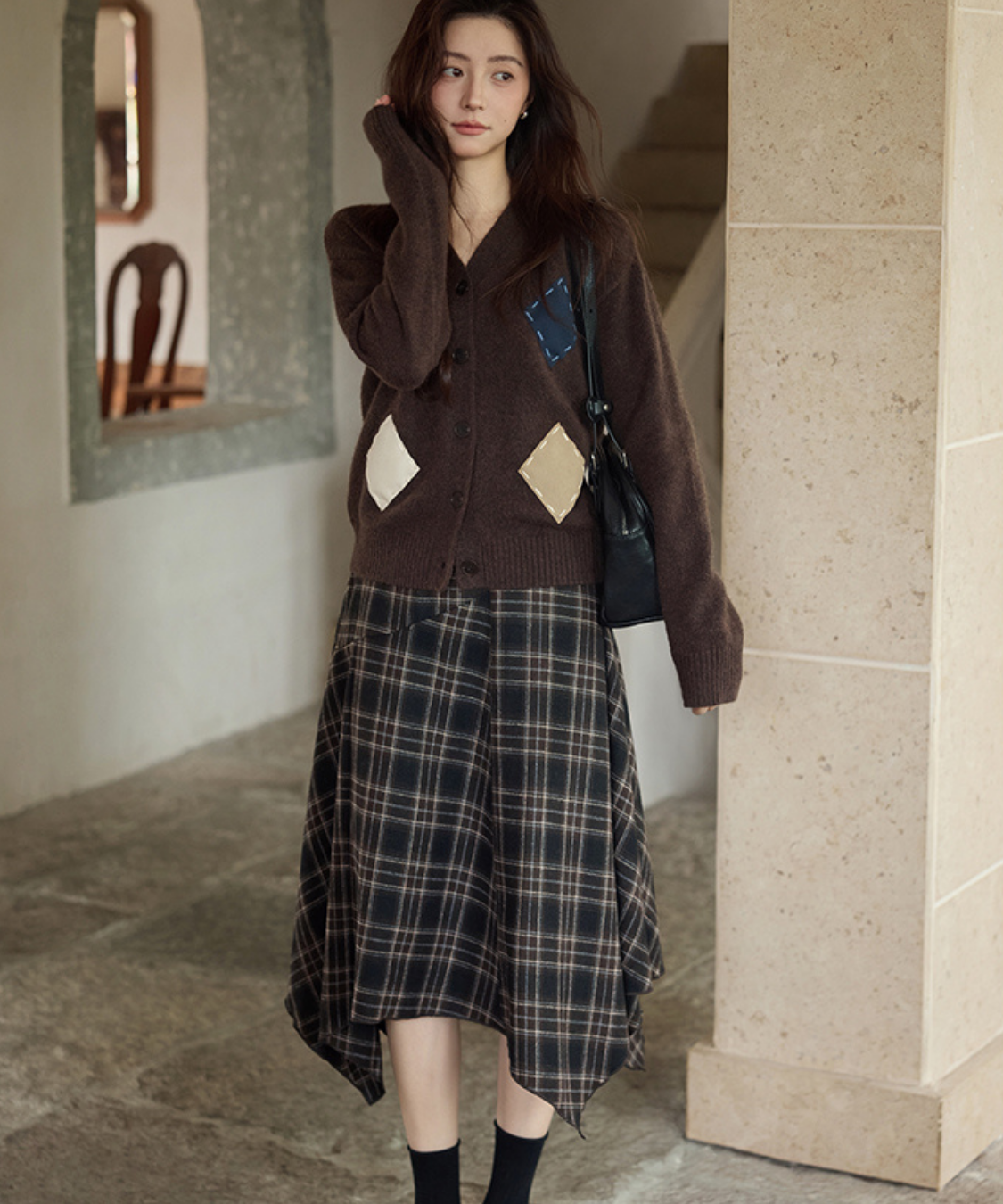 チェック柄アシンメトリーフレアスカート