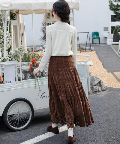 ティアード切り替えスカラップレースロングスカート