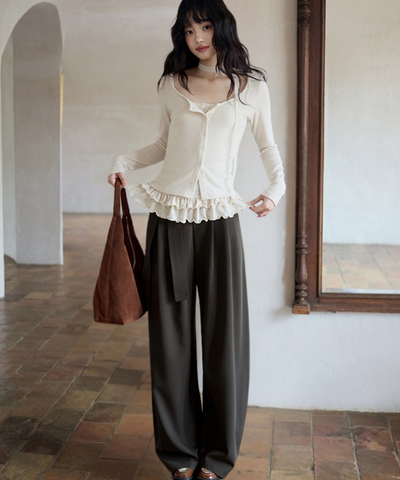 タック入りサイドリボンデザインパンツ