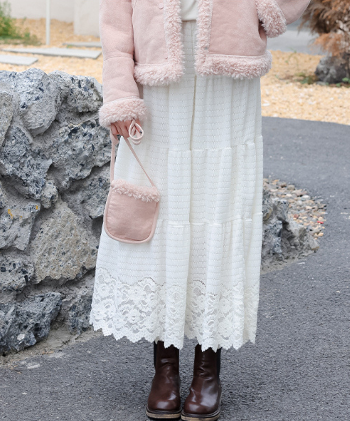 ティアード切り替えスカラップレースロングスカート