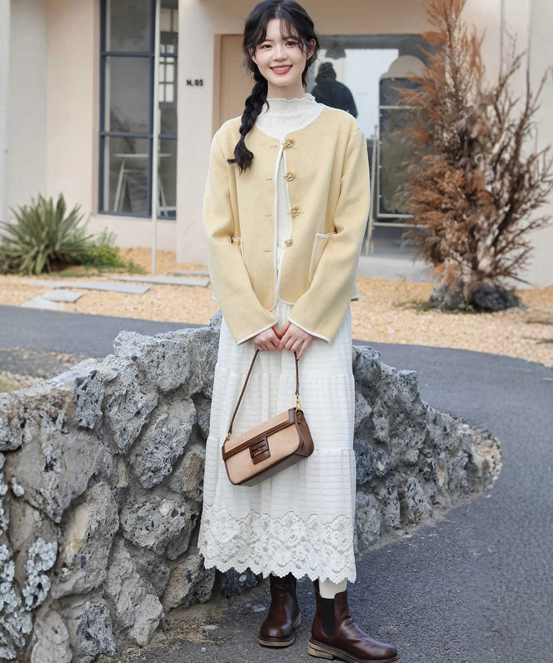 ティアード切り替えスカラップレースロングスカート