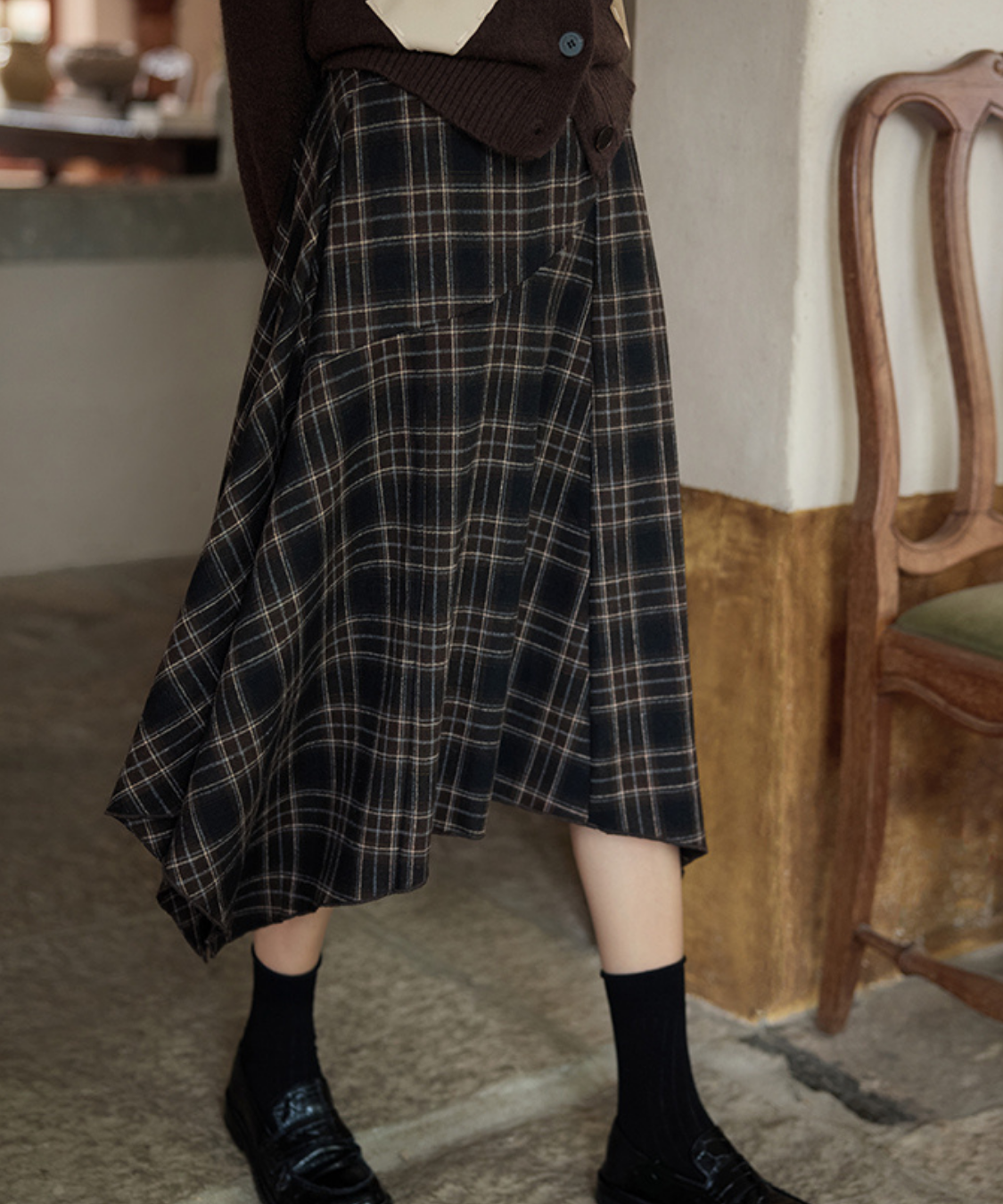 チェック柄アシンメトリーフレアスカート