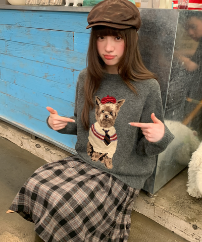 ドッグ柄クルーネックニットセーター